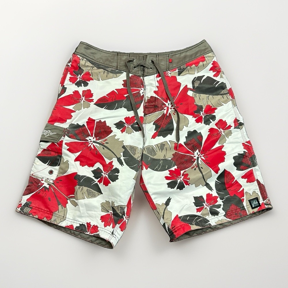 Rusty Y2K Vintage Floral Hawaiian Graphic Cargo Board Shorts Men's 33 Red Surfer